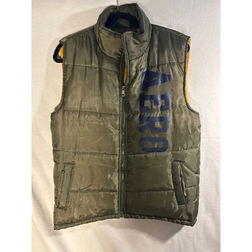Aeropostale Mens Small Puffer Vest Olive Green AERO Logo Full Zip Y2K